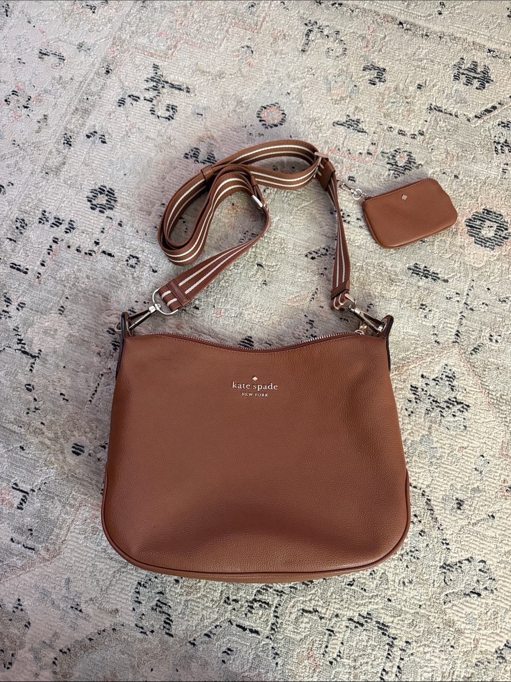 kate spade brown pebbled leather crossbody with striped strap and pouch